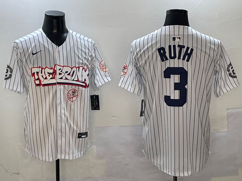 Men New York Yankees #3 Ruth White Stripe four generations Joint Name 2025 Nike MLB Jersey style 7->new york yankees->MLB Jersey